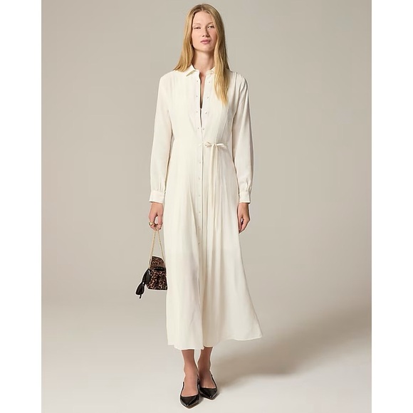 NWT J. Crew Drapey Pleated Shirtdress Long Sleeve Midi Ivory White - Picture 1 of 6